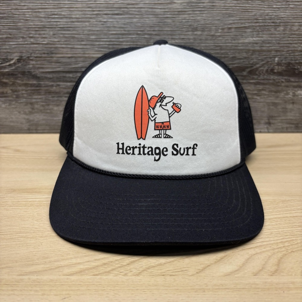 Heritage Surf Hat Cap Snap Back Mens One Size Black White Trucker Logo Beach